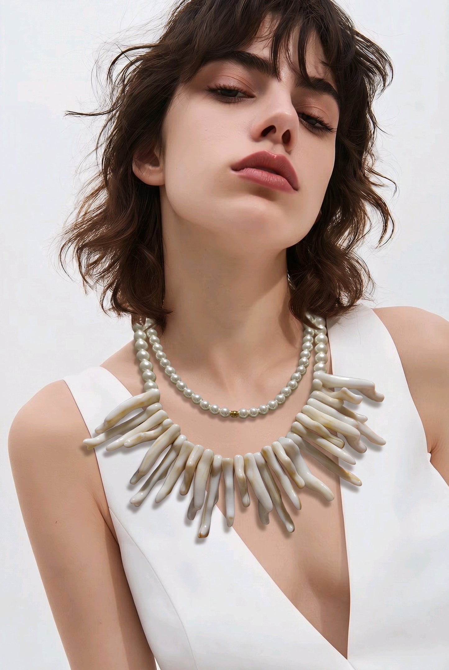 Collar Doble Cristal Perla y Corales Color Hueso | Joyería Mágica