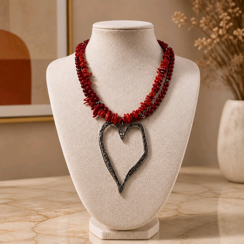 Collar Doble Rojo Dije Corazón Plateado | Joyería Mágica