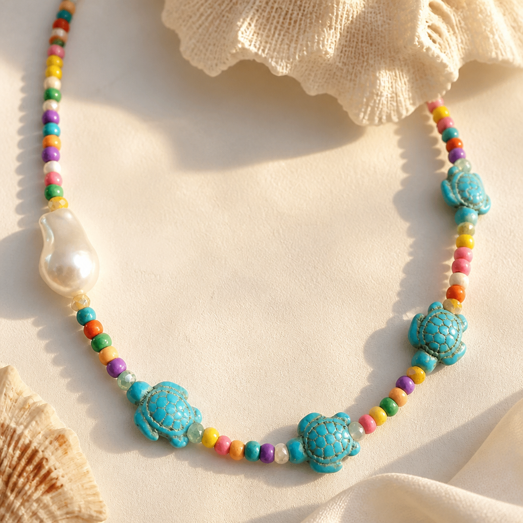Collar Cuencas Multicolores, Tortugas y Perla Barroca