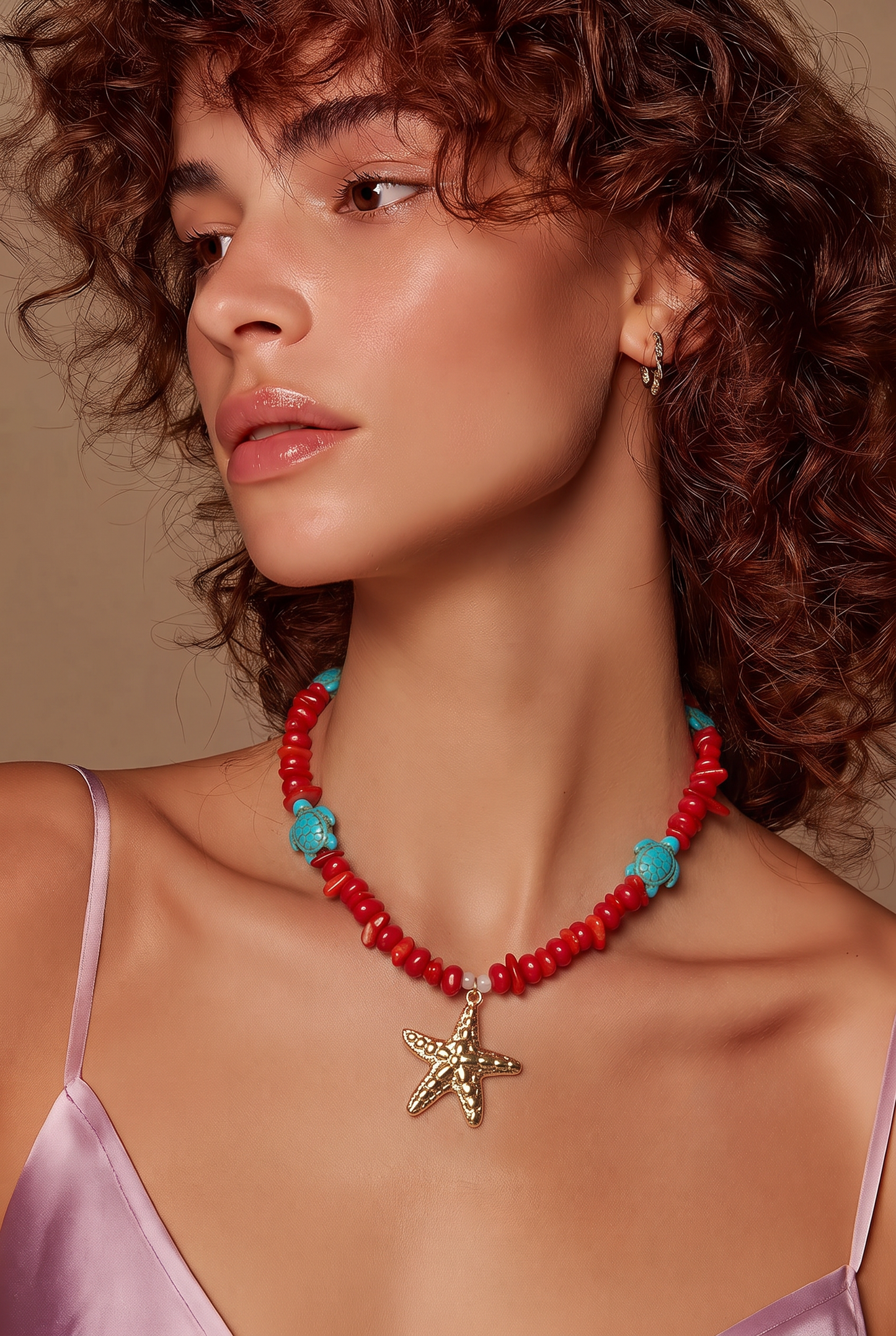 Collar Cuencas Rojas, Tortugas y Dije Estrella Mar