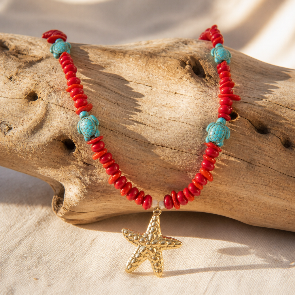 Collar Cuencas Rojas, Tortugas y Dije Estrella Mar