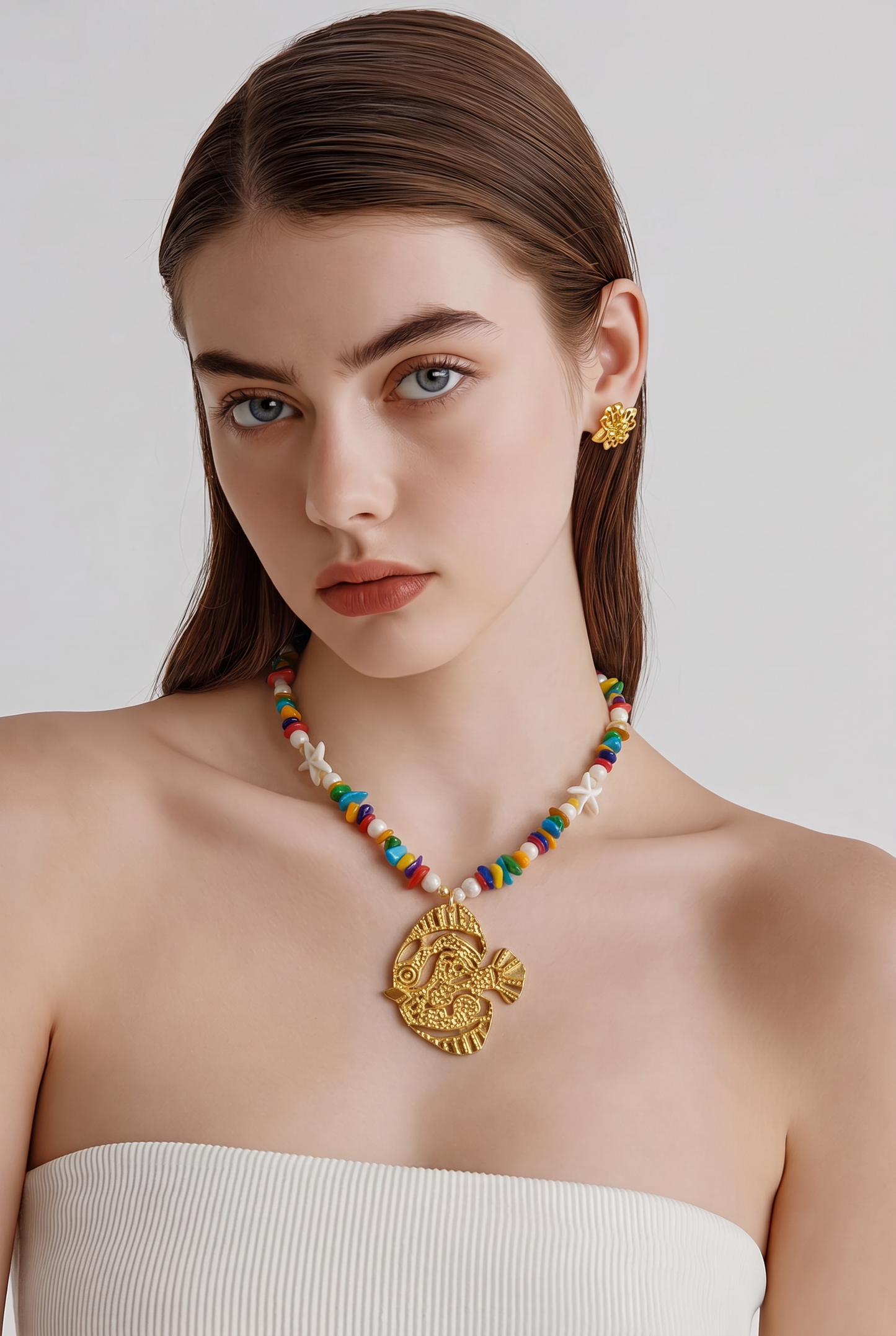 Collar Cuencas Multicolores Dije Pez Dorado