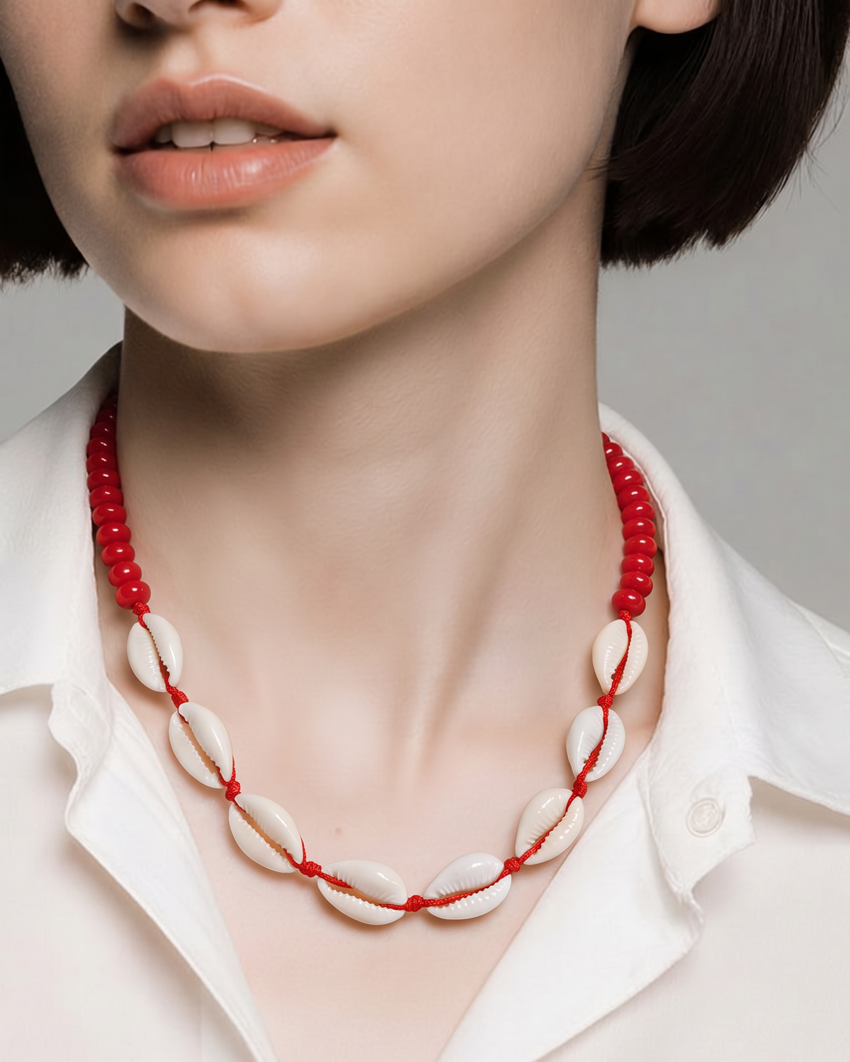 Collar Cuencas Rojas y Conchas Naturales