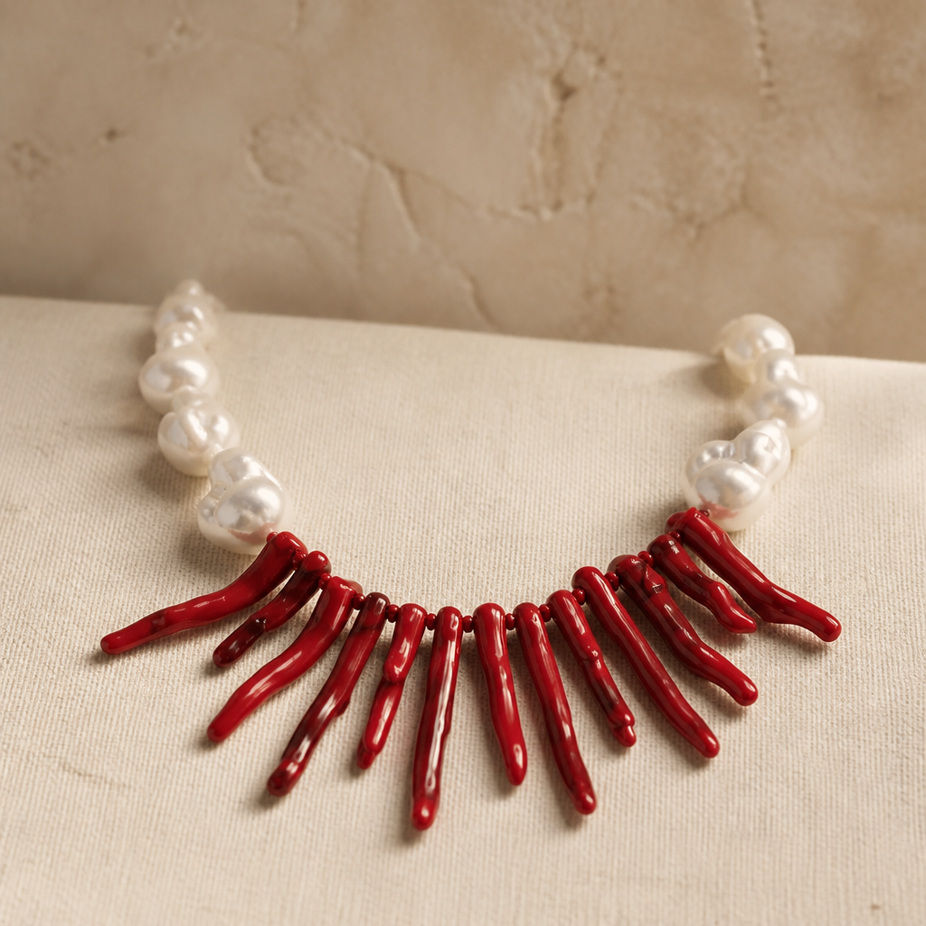 Collar Perla Barroca Blanca y Corales Rojos