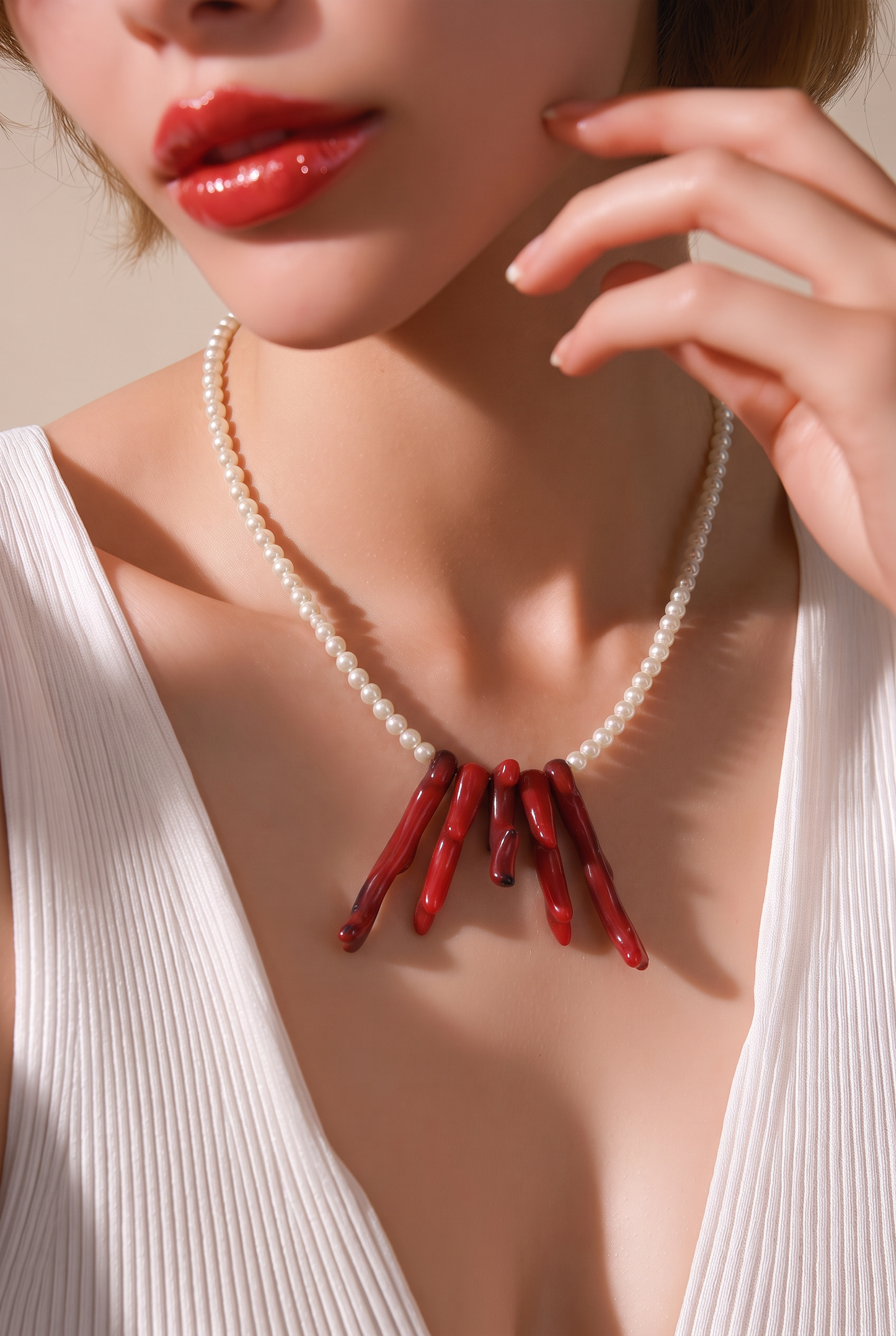Collar Perla Cristal 4mm y Coral Rojo