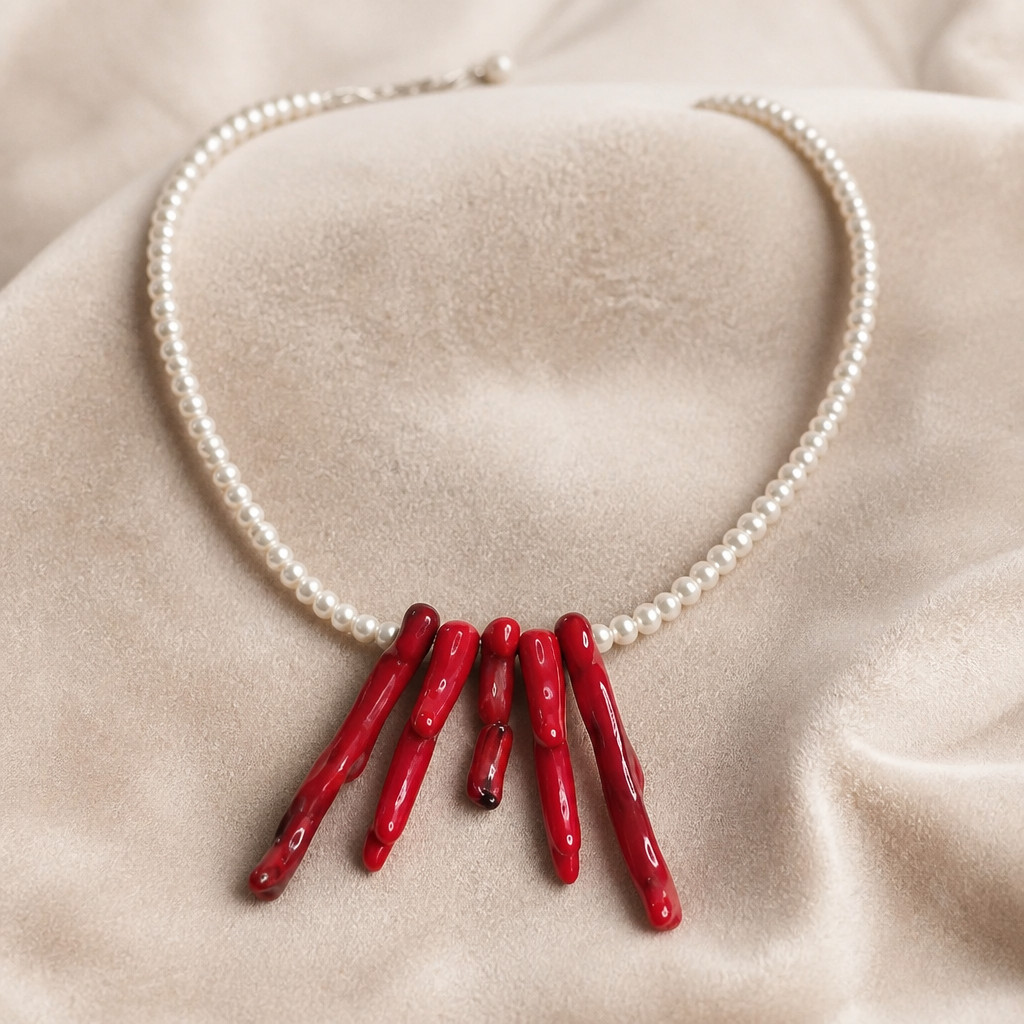 Collar Perla Cristal 4mm y Coral Rojo