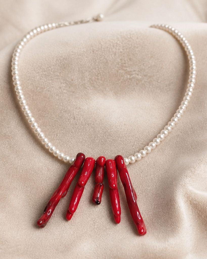 Collar Perla Cristal 4mm y Coral Rojo