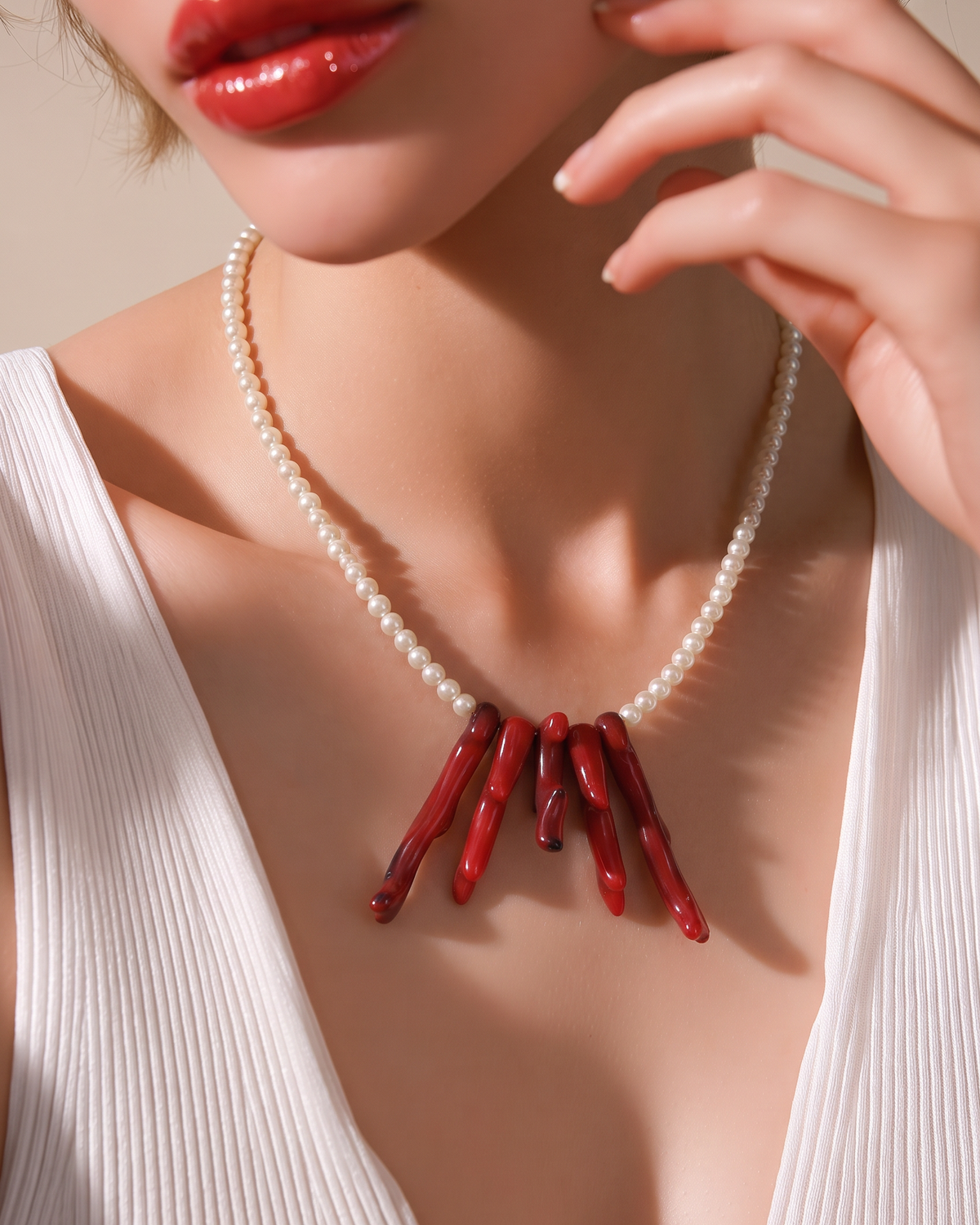 Collar Perla Cristal 4mm y Coral Rojo