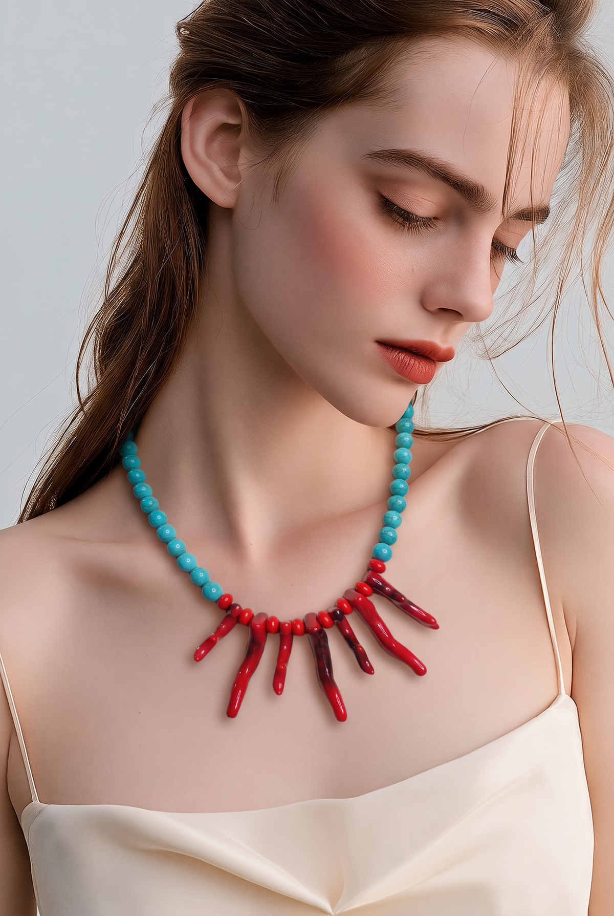 Collar Cuenca Turquesa y Dije Coral Rojo