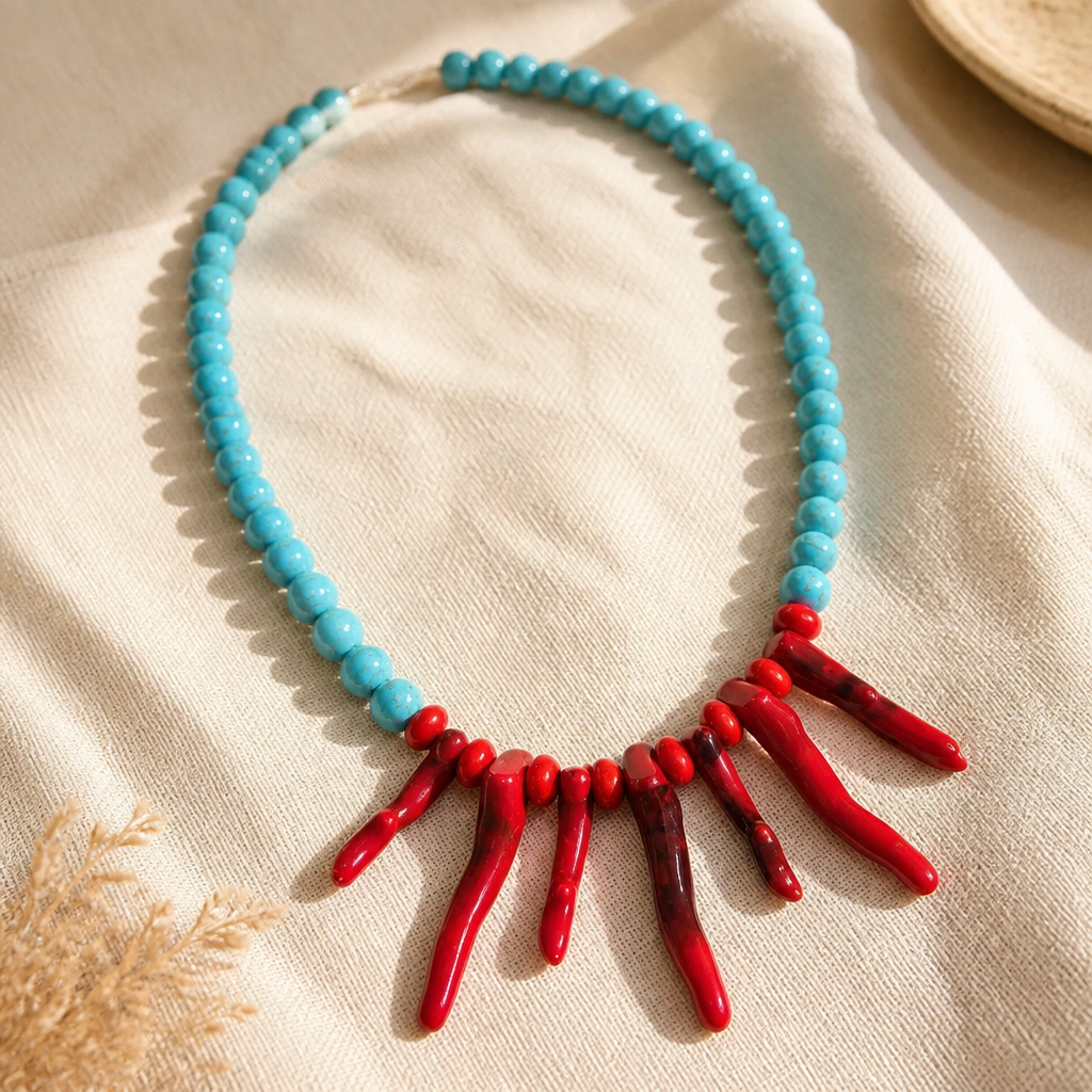 Collar Cuenca Turquesa y Dije Coral Rojo