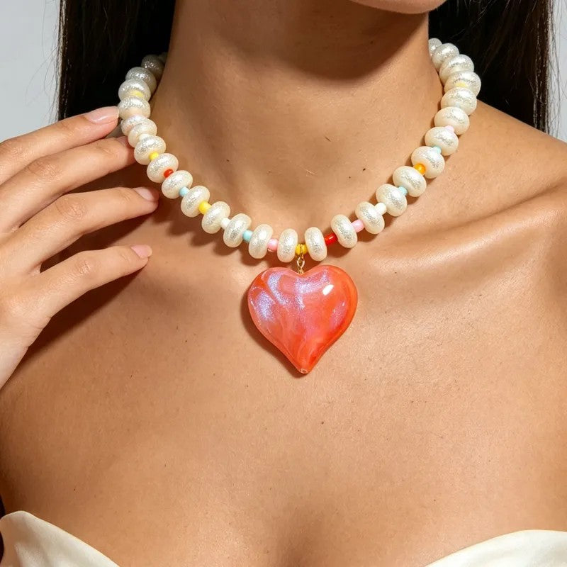 Collar Cuencas Donas Perla Mate Dije Corazón Rosa
