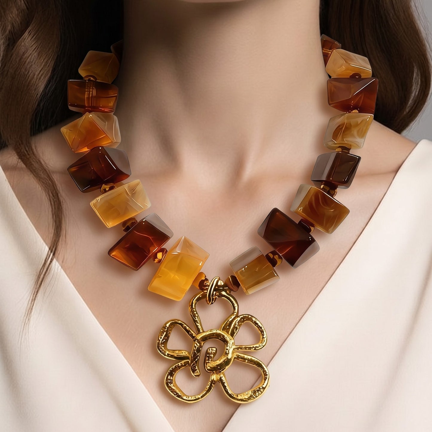 Collar Cuencas Irregulares Ámbar Dije Flor