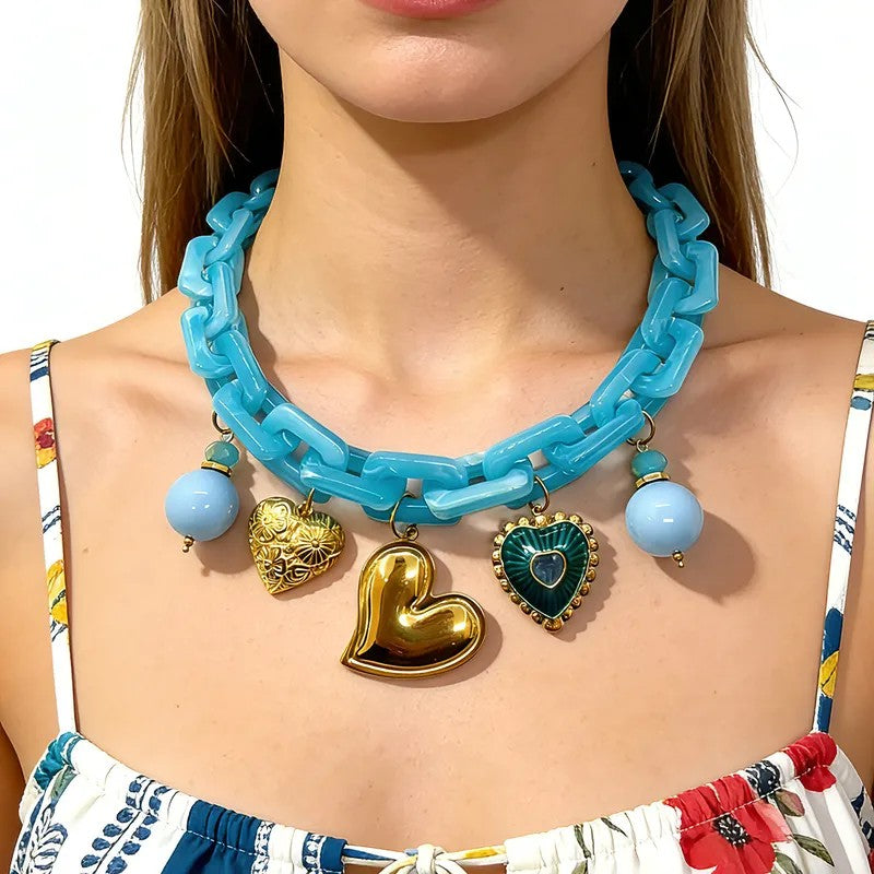 Collar Eslabones Azules Dijes Corazones