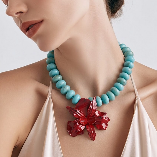 Collar Cuencas Donas Turquesa Dije Orquídea Vino