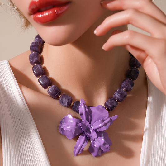 Collar Cuencas Cubos Morados Dije Orquídea Lila