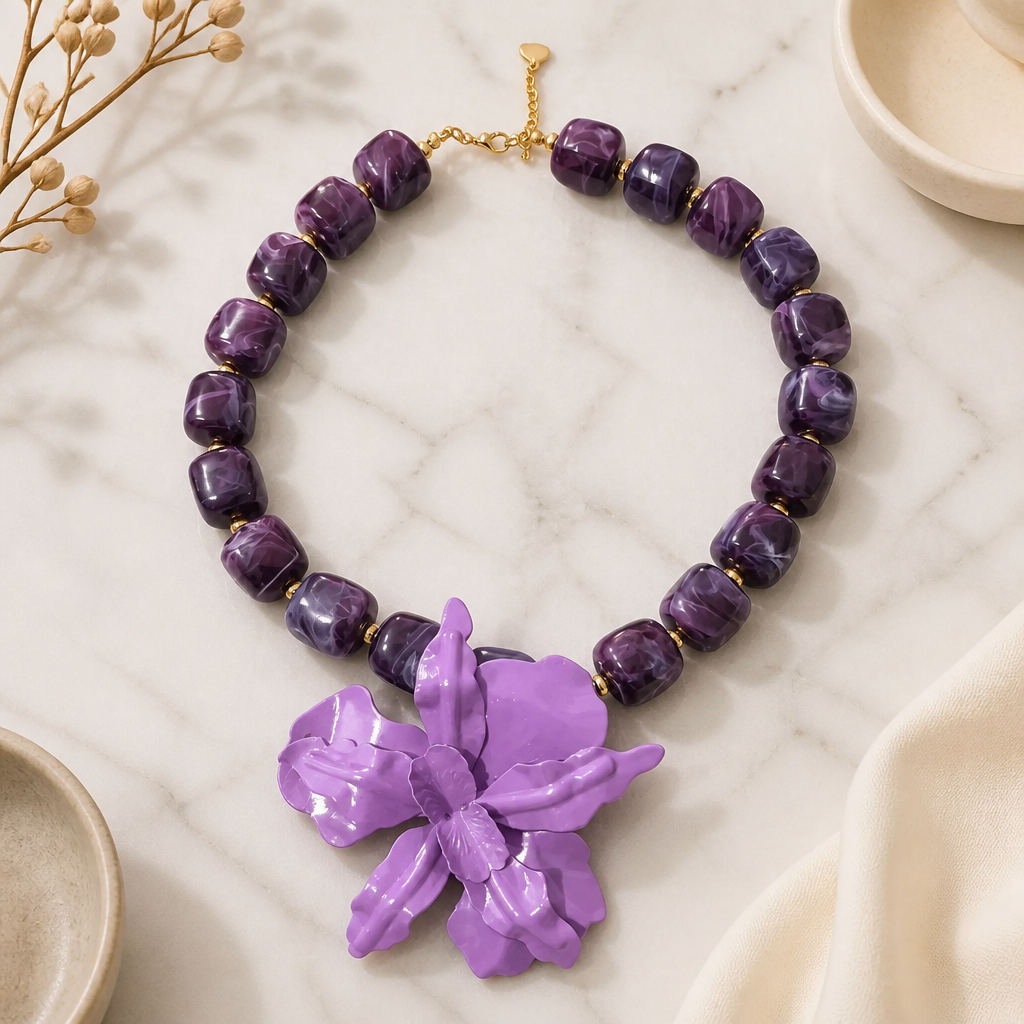 Collar Cuencas Cubos Morados Dije Orquídea Lila