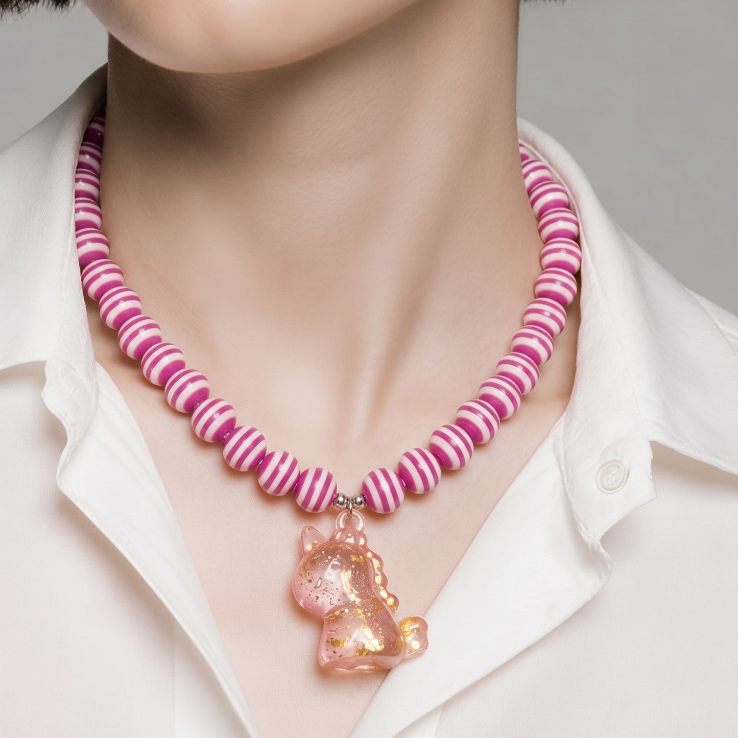 Collar Cuencas Rosadas Rayas Dije Dinosaurio Rosa