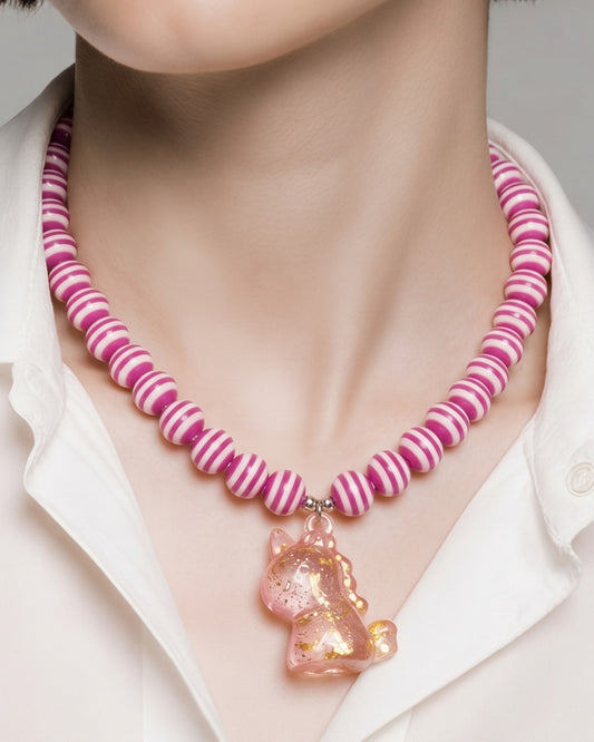 Collar Cuencas Rosadas Rayas Dije Dinosaurio Rosa