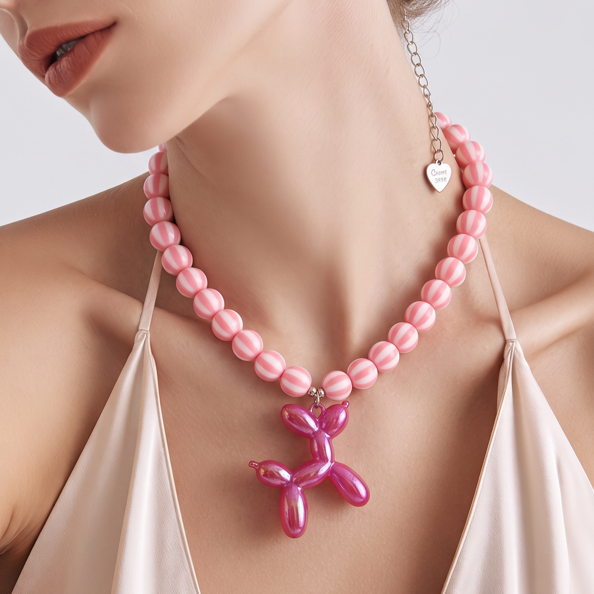 Collar Cuencas Rosadas Rayas Dije Perro Globo Rosa