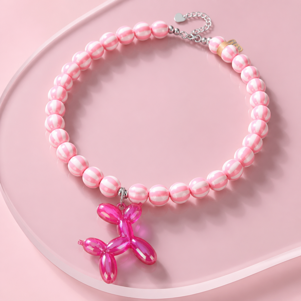 Collar Cuencas Rosadas Rayas Dije Perro Globo Rosa