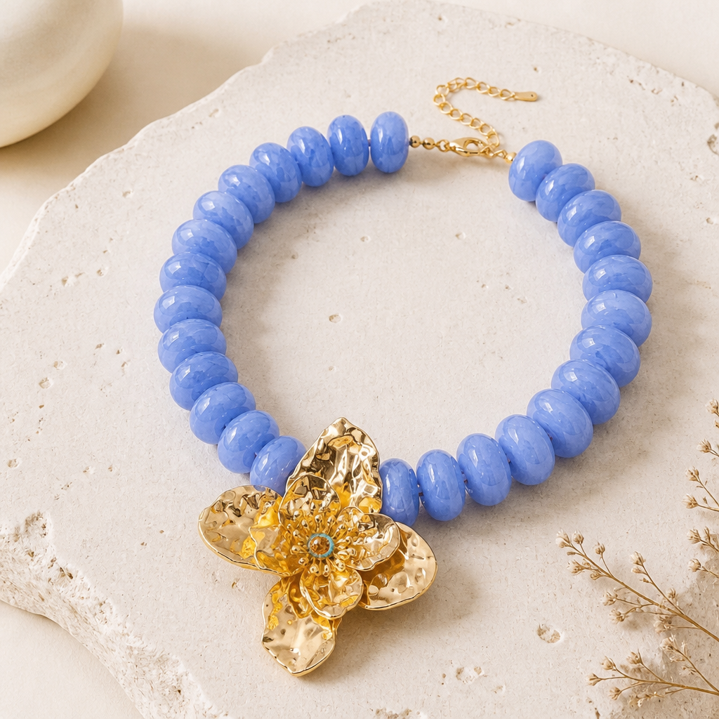 Collar Cuencas Donas Azules Dije Flor Dorada