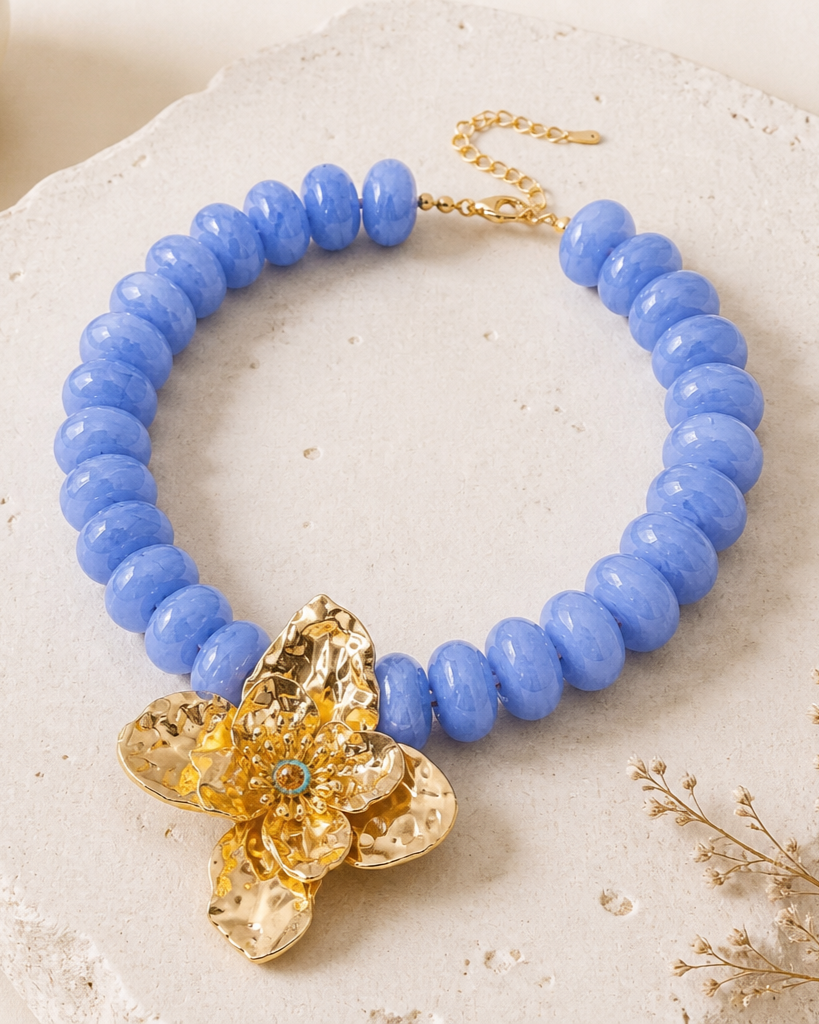 Collar Cuencas Donas Azules Dije Flor Dorada