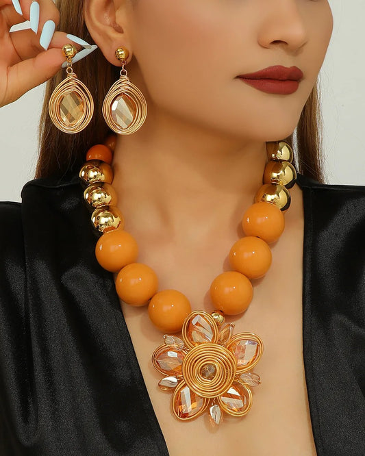 Collar con Aretes Artesanal Cuencas Roda Flor Cristal Alambrada