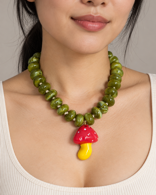 Collar Cuencas Donas Verdes Dije Hongo Rojo Amarillo