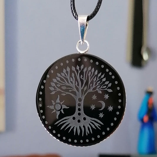 Dije Obsidiana Labrada con Árbol de la Vida