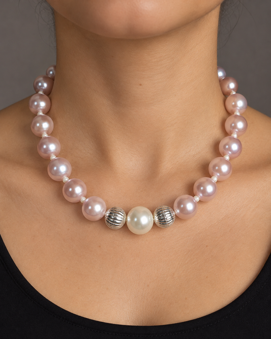 Collar Cuencas Rosas, Plateadas y Perla