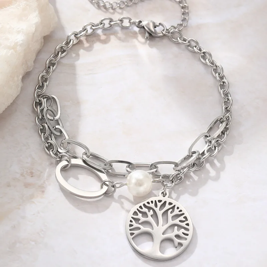 Pulsera Plateada Árbol de la Vida y Perla