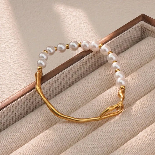 Pulsera Dorada Inox Perlas