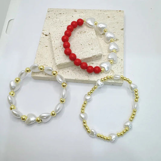 Pulsera Elástica Bicolor Perlas Imitación Cuencas Rojas Resina