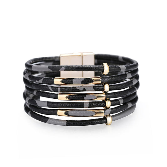 Pulsera Cuero Negra Animal Print Popotillo Dorado