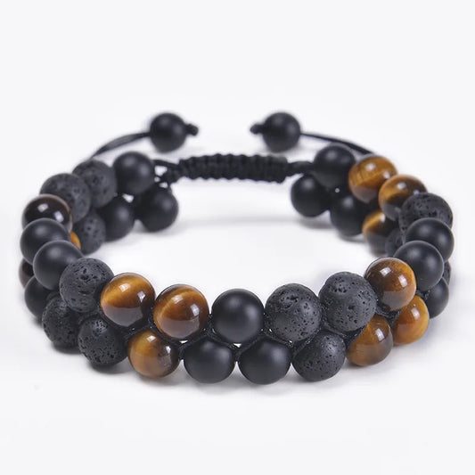 Pulsera Doble Ojo de Tigre y Piedra Volcánica