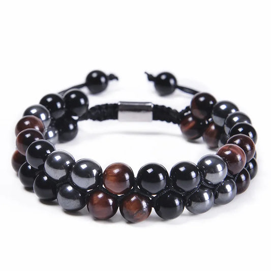 Pulsera Doble Ojo de Tigre Rojo y Hematita