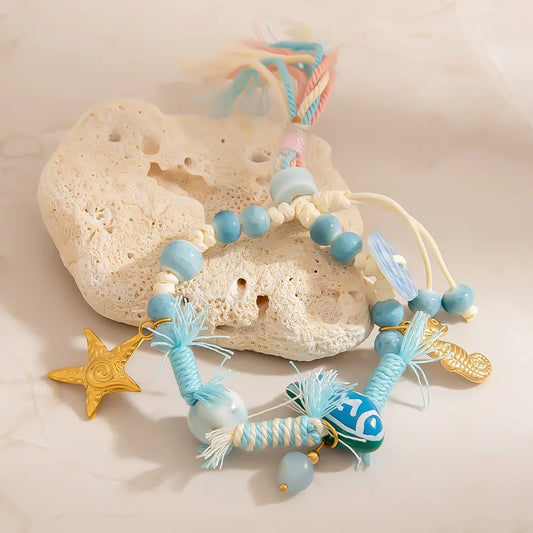 Pulsera Hilo Tejido Dijes Marinos Tonos Azules