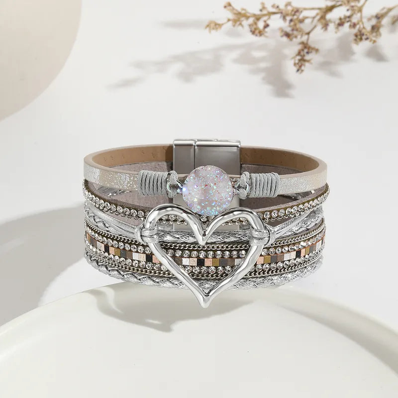 Pulsera Piel Plata, Corazón Dorado, Circón