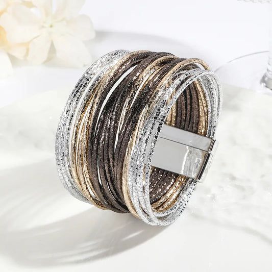 Pulsera Piel Multicolor Marrones y Plata