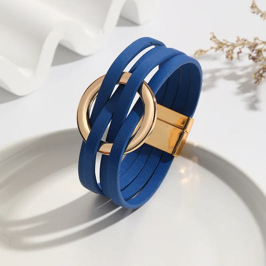 Pulsera Piel Azul Ronda Circular Dorada