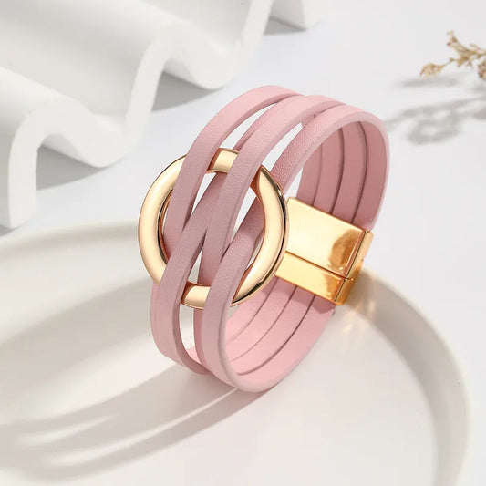 Pulsera Piel Rosa Ronda Circular Dorada