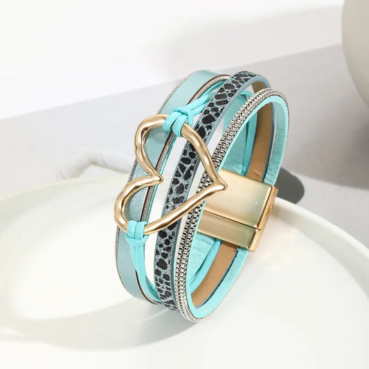 Pulsera Piel Azul Turquesa y Animal Print, Corazón Dorado