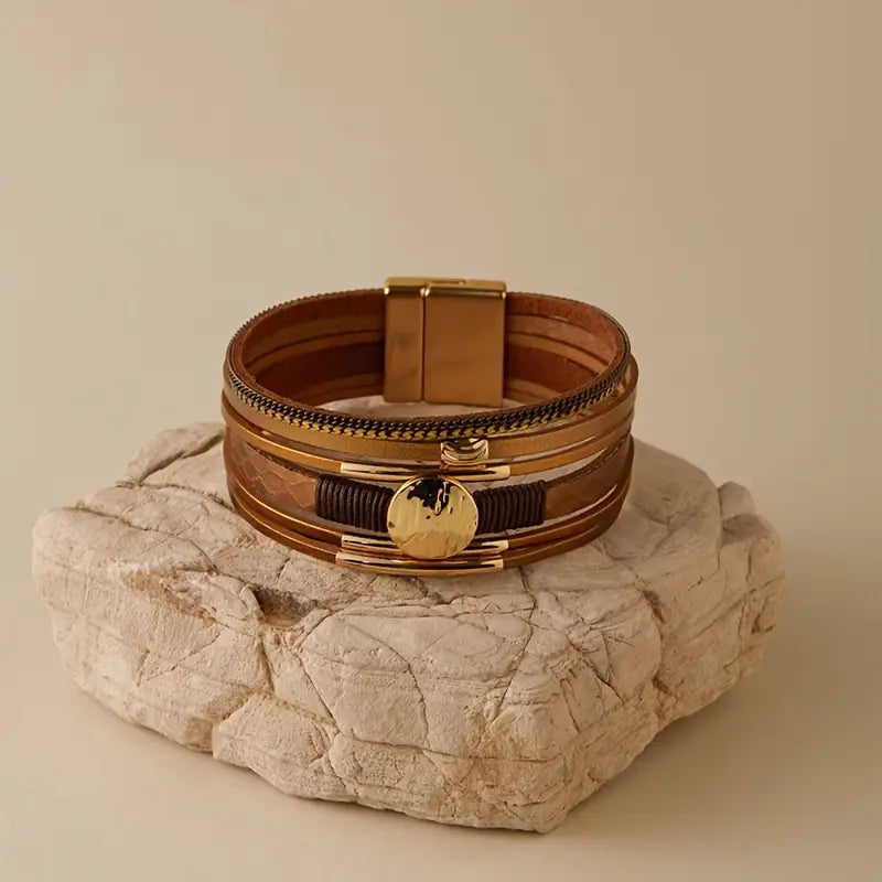 Pulsera Piel Marrón Ronda Circular Dorada