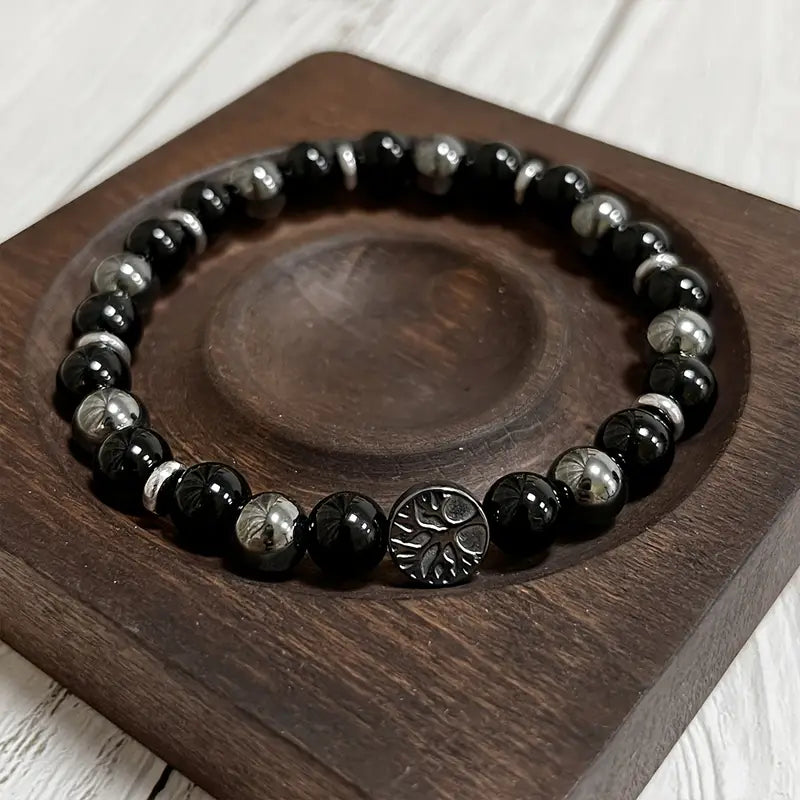 Pulsera Obsidiana Negra y Hematita, Dije Árbol de la Vida