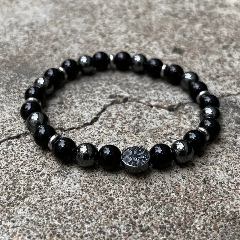 Pulsera Obsidiana Negra y Hematita, Dije Árbol de la Vida