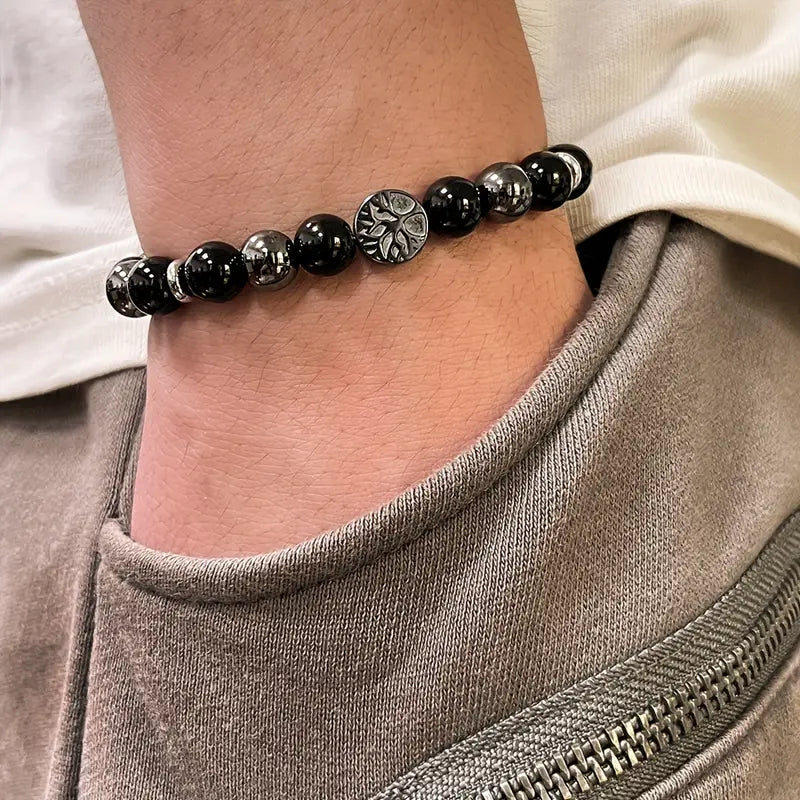 Pulsera Obsidiana Negra y Hematita, Dije Árbol de la Vida