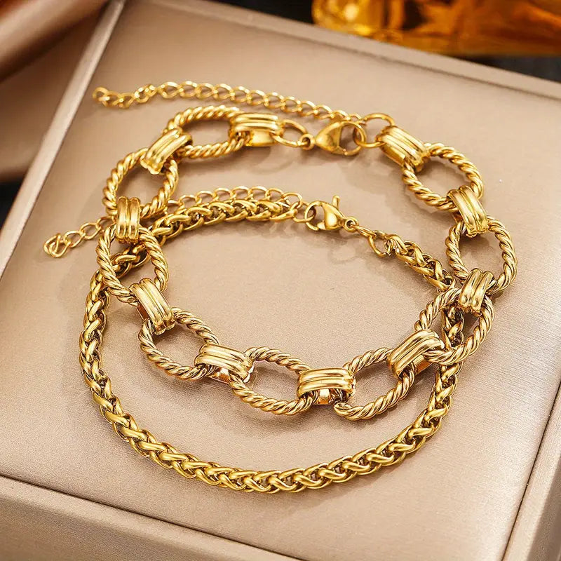 Pulseras Doradas Juego de Dos Eslabones Corrugados y Serpiente