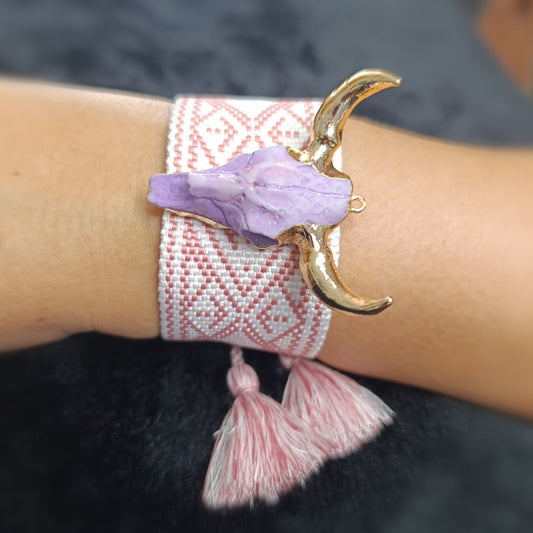 Pulsera Tejida Blanco y Rosa Cabeza de Toro