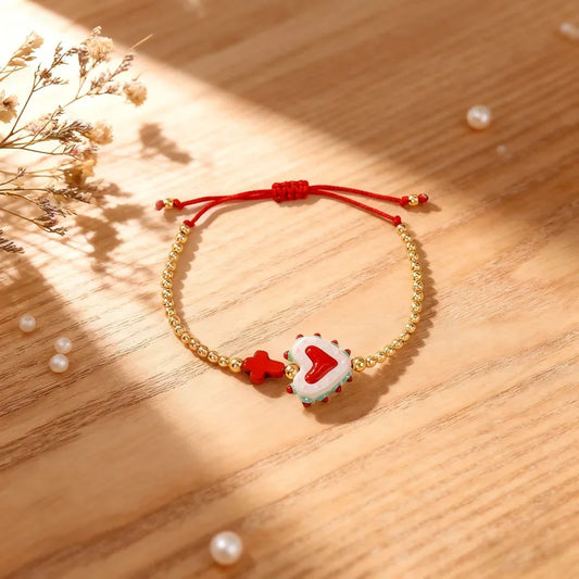 Pulsera Ajustable Cuencas Doradas Dije Corazón Verde Rojo