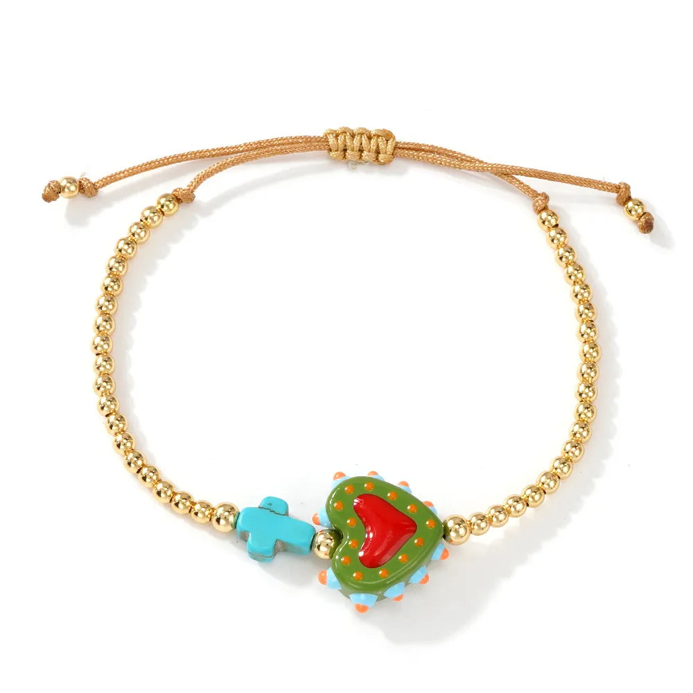 Pulsera Ajustable Cuencas Doradas Dije Corazón Blanco Rojo